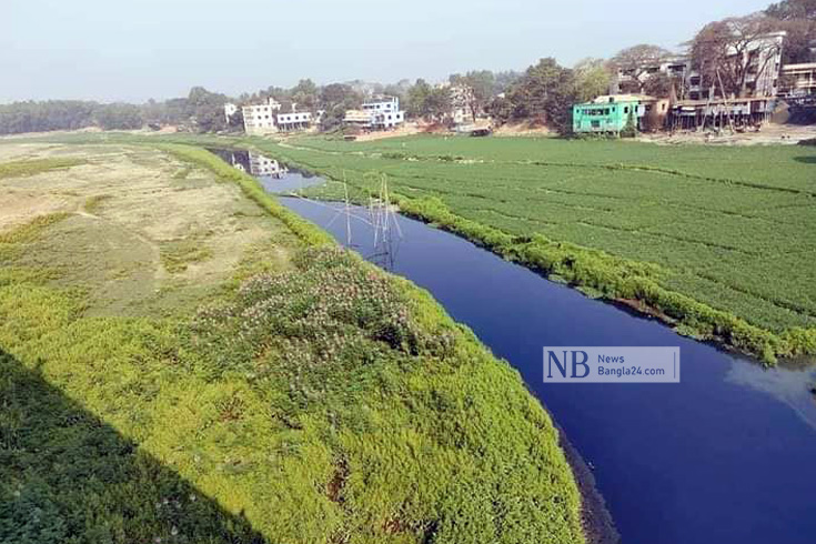 ময়মনসিংহের ভালুকার খীরু নদীতে একসময়ের স্বচ্ছ পানির ঢেউ থাকলেও বর্তমানে বিষের নহরে পরিণত হয়েছে। শিল্প-কারখানার অনিয়ন্ত্রিত বর্জ্যে নদীটির দিকে তাকানোর জো নেই। এ ছাড়া প্রভাবশালীদের দখলে নদীটি এখন ডোবায় পরিণত হয়েছে। সরকারি প্রকল্পের মাধ্যমে নদীটি দ্রুত খননের দাবি স্থানীয় লোকজনের। ছবি: কামরুজ্জামান মিন্টু/ নিউজবাংলা