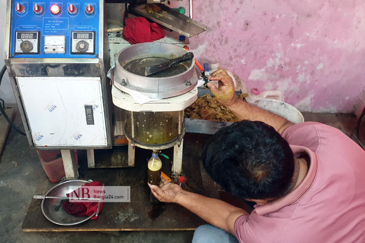 দেশে সয়াবিন তেলসহ সব ধরনের ভোজ্যতেলের দাম ঊর্ধ্বমুখী। এমন পরিস্থিতিতে মুন্সীগঞ্জ পৌরসভার কোটগাঁও এলাকার মোহাম্মদ সেলিম মুলার বীজ থেকে তৈরি করছেন ভোজ্যতেল। সেই তেল নিয়মিত ব্যবহারও করেন তিনি। ছবি: মঈনউদ্দিন আহমেদ/নিউজবাংলা 