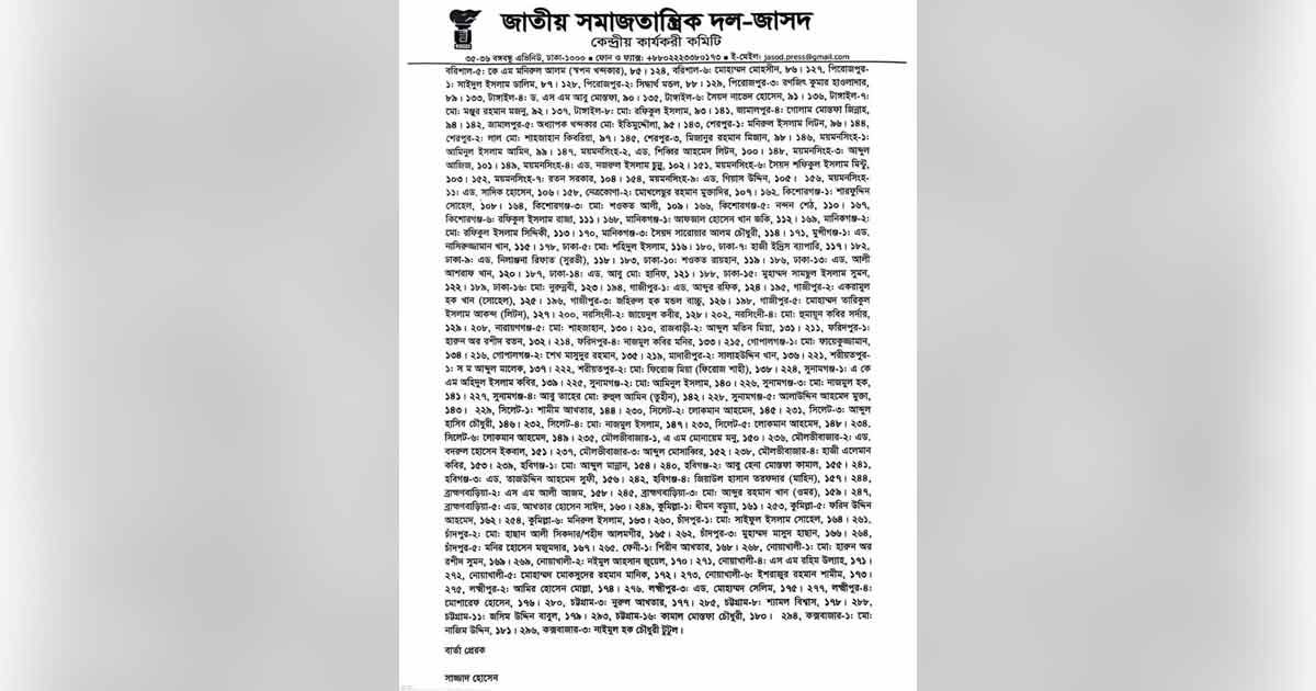 ১৮১ আসনে জাসদের প্রার্থীর নাম ঘোষণা 