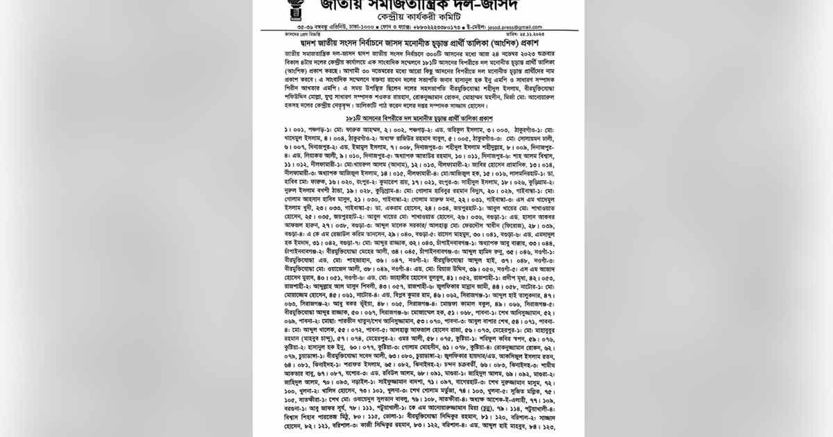 ১৮১ আসনে জাসদের প্রার্থীর নাম ঘোষণা 