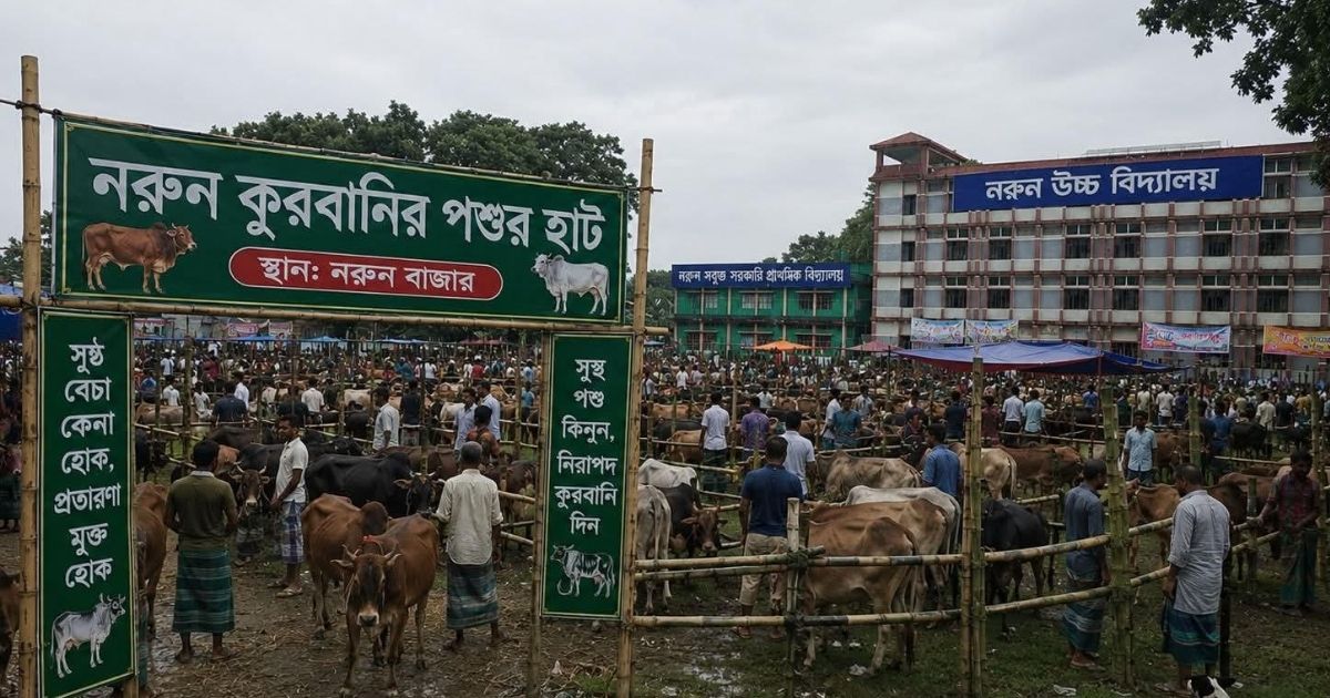 নরুন উচ্চ বিদ্যালয়ের মাঠে অস্থায়ী পশুর হাট, নীতিমালা লঙ্ঘনের অভিযোগ