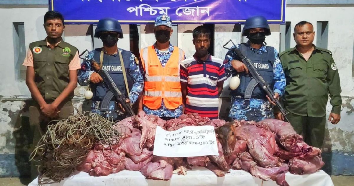 খুলনার কয়রায় প্রায় ১০৩ কেজি হরিণের মাংস, মাথা এবং হরিণ শিকারের ফাঁদসহ ১ জন হরিণ শিকারিকে আটক করেছে কোস্ট গার্ড
